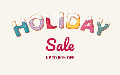 Holiday Sale banner with gingerbread cookies on white background. Happy new year symbol. Vector poster.