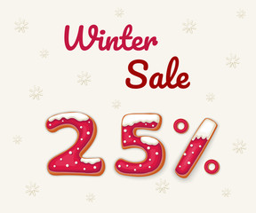 Winter Sale -25% banner with gingerbread cookies on white background. Red gingerbread cookies with snow.