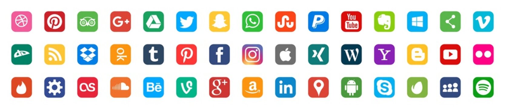 Set of popular social media logos: Instagram, Facebook, Twitter, Youtube, WhatsApp, LinkedIn, Pinterest, Blogger and others