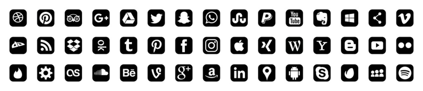 Set of popular social media logos: Instagram, Facebook, Twitter, Youtube, WhatsApp, LinkedIn, Pinterest, Blogger and others