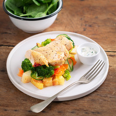 Healthy lunch, dinner. Healthy baked chicken breast with vegetables, grilled potatoes, cucumber, carrot, broccoli and spinach on a plate in a rustic style. Copy space. Proper nutrition. Dietary menu.