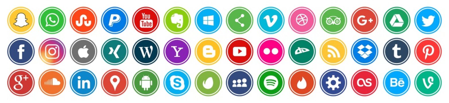 Set of popular social media logos: Instagram, Facebook, Twitter, Youtube, WhatsApp, LinkedIn, Pinterest, Blogger and others