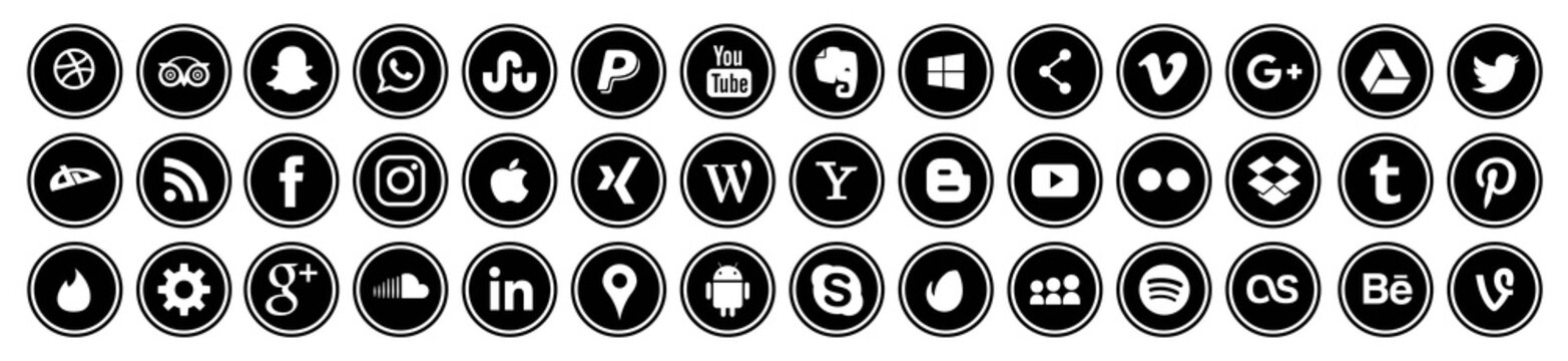 Set of popular social media logos: Instagram, Facebook, Twitter, Youtube, WhatsApp, LinkedIn, Pinterest, Blogger and others