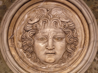 Medusa face sculpture. Head portrait of MedusaIn Greek mythology Medusa was a monster, a Gorgon, a...