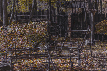 Dugout (or dug-out, pit-house, earth lodge, cellar dug) from logs in autumn forest. Traditional shelter for humans and livestock based on hole  into ground. Natural historical museum of dugouts. Toned