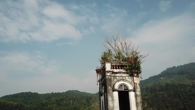 Aerial ascending reveal Sungai Lembu Church of the Sacred Heart of Jesus, Pagar Tras