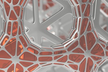 Abstract 3d rendering concept of high poly architecture with steel and glass, chaotic mesh grid cellular mulecular structure. Sci-fi background with polygonal shape in mist or fog air. Futuristic
