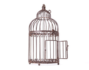 Empty birdcage on white background