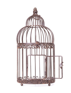 Empty birdcage on white background