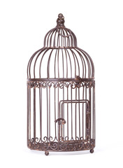 Empty birdcage on white background