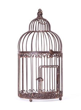 Empty birdcage on white background
