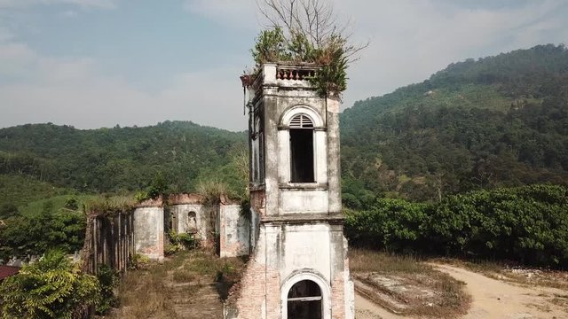 Aerial view structure abandoned Church of the Sacred Heart of Jesus, Pagar Tras at Sungai Lembu, Penang, Malaysia.