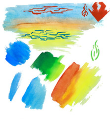 On a white background, by hand, in watercolor, abstract drawings of color spots, an ornament of red, green, blue, orange, yellow bright colors are made. Objects are separated from each other.