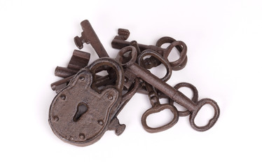 Rusty old lock isolated on white