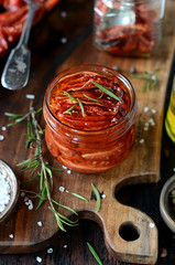 Sun-dried tomatoes on a wooden table