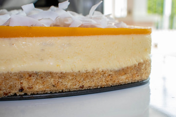 Mango Cheesecake with coconut chips side view.