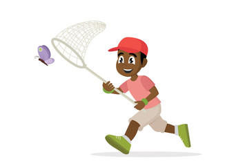 African Boy is running with butterfly.