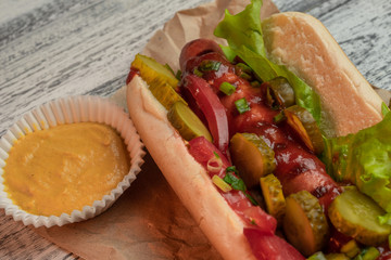 Homemade Hot Dog with with yellow mustard