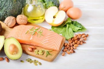 Selection of healthy products. Balanced diet concept.