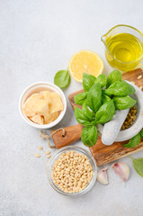 Ingredients for making green pesto sauce Top view Flat lay