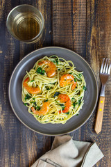 Italian pasta spaghetti with shrimps. Healty eating. Recipes. National cuisine.