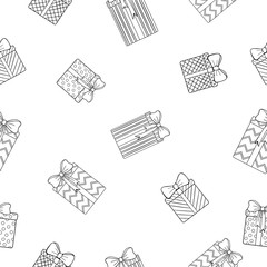 Christmas pattern from different gift box on white. Suitable for coloring book pages.