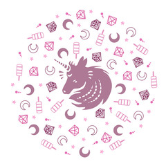 Magic design hand drawing set of elements with unicorn, moon, stars, ice cream and diamonds in pink colors. Vector illustration