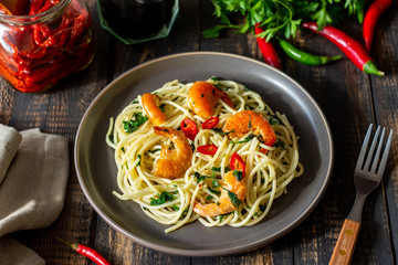 Italian pasta spaghetti with shrimps. Healty eating. Recipes. National cuisine.