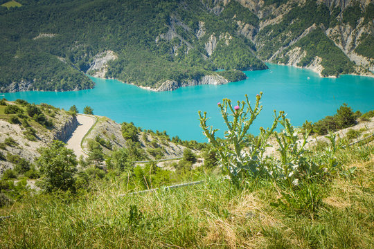 Majestic mountain lake Serre-Pon&ccedil;on (Lac de Serre-Pon&ccedil;on) is a lake in southeast France; it is one of the largest artificial lakes in western Europe. HD wallpaper, 4k green background