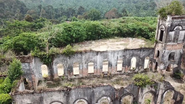 Aerial view old abandoned Church of the Sacred Heart of Jesus, Pagar Tras, Sungai Lembu.