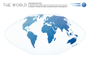 Low poly world map. McBryde-Thomas flat-polar sinusoidal equal-area projection of the world. Blue shades colored polygons. Contemporary vector illustration.
