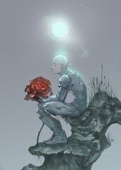 Original fantasy surreal illustration depicting young beautiful baldheaded girl sitting on a grass hill holding huge red rose in  hands with a moon above her head 