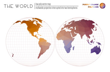 Vector map of the world. Mollweide projection interrupted into two hemispheres of the world. Purple Orange colored polygons. Stylish vector illustration.