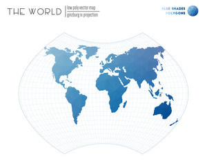 Vector map of the world. Ginzburg IX projection of the world. Blue Shades colored polygons. Creative vector illustration.
