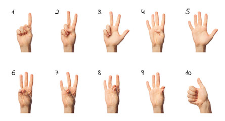 Finger spelling numbers from 1 to 10 in American Sign Language on white background. ASL concept