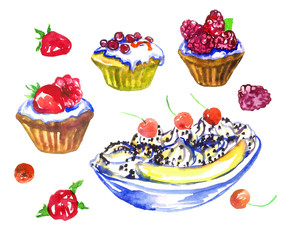 Banana dessert decorated with cherries, cupcakes with berries collection isolated on white, hand painted watercolor illustration design element for invitation, card, print, posters, patterns