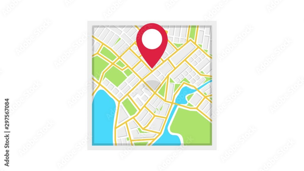 Poster navigation map and red checkpoint icon. loop animation on white background. 4k resolution.