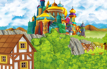 cartoon scene with kingdom castle and mountains valley near the forest and farm village illustration for children