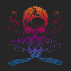 Vector illustration. Vintage, hipster skull barber shop logo in old, neon style.