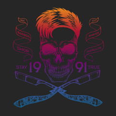 Vector illustration. Vintage, hipster skull barber shop logo in old, neon style.