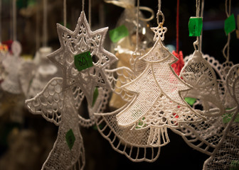 Knit stars for Christmas tree decoration.  Christmas market  Christmas concept.