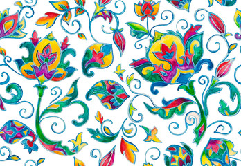 Hand drawn watercolor floral flower seamless pattern tile for textile. Colorful seamless pattern with abstract whimsical paisley, tulips, leaves for you design. Isolated objects on a white background.