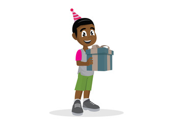 Little African boy holding a gift box.