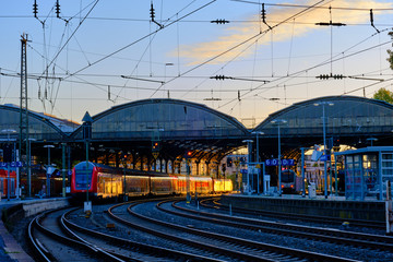 Train illuminated by the morning sun, morning atmosphere at Aachen Central Station