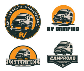 Set of camper van logo, emblems and badges. Recreational vehicle illustration. © dmaryashin