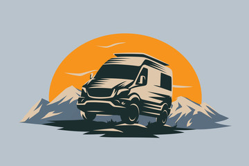 Camper van illustration with rocks and mountains. RV vehicle standing on rocks on the sunset. Vector illustration. © dmaryashin