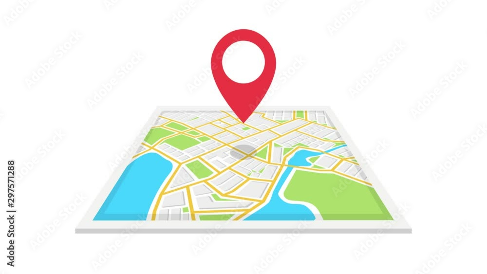 Poster navigation map and red checkpoint icon. loop animation on white background. 4k resolution.