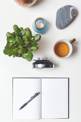 Calm and relaxing work area at desk in modern home interior flatlay design with decorative objects...