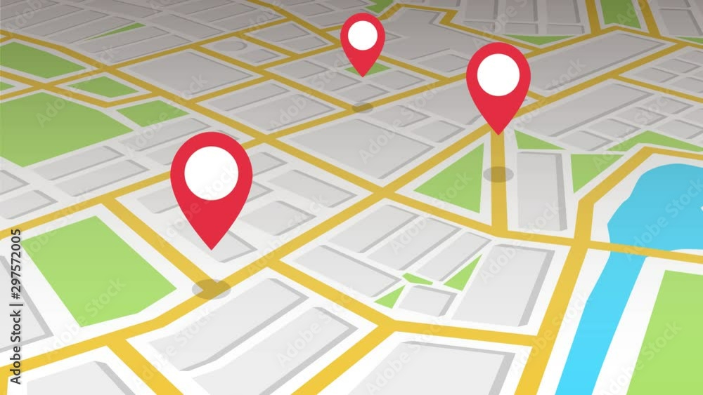 Poster navigation map and three red checkpoints icon. loop animation on white background. 4k resolution.