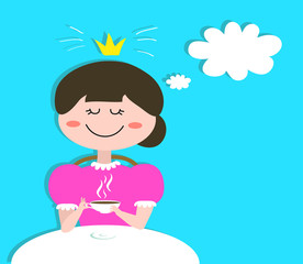 Cute girl is drinking coffee at the table. Vector illustration. 